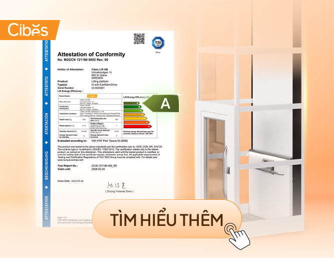 Thang máy Cibes được Tüv Süd chứng nhận đạt nhãn năng lượng A theo tiêu chuẩn Châu Âu